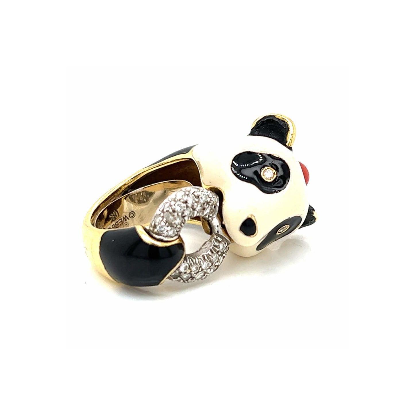 David Webb 1970s Platinum & 18KT Yellow Gold Diamond & Enamel Panda Ring front