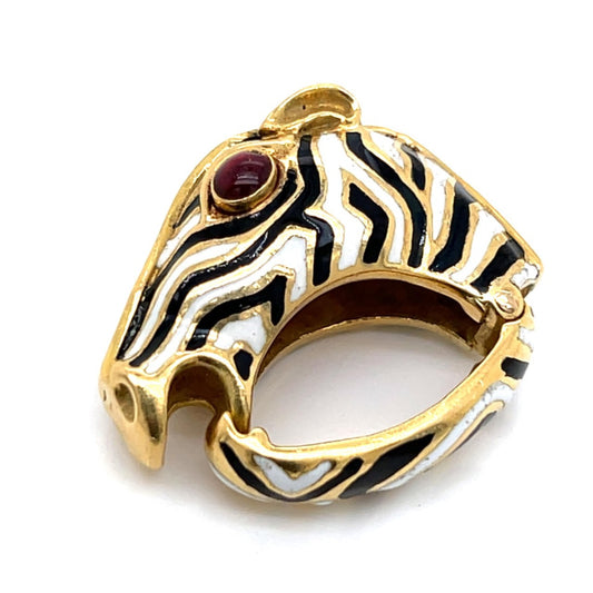 David Webb 1970s 18KT Yellow Gold Ruby & Enamel Zebra Scarf Clip side