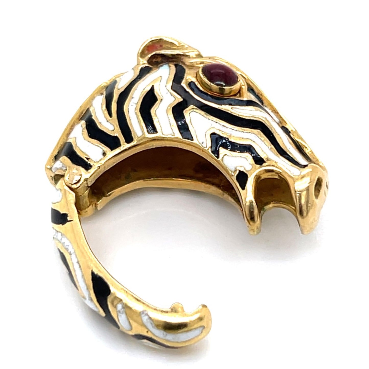 David Webb 1970s 18KT Yellow Gold Ruby & Enamel Zebra Scarf Clip side