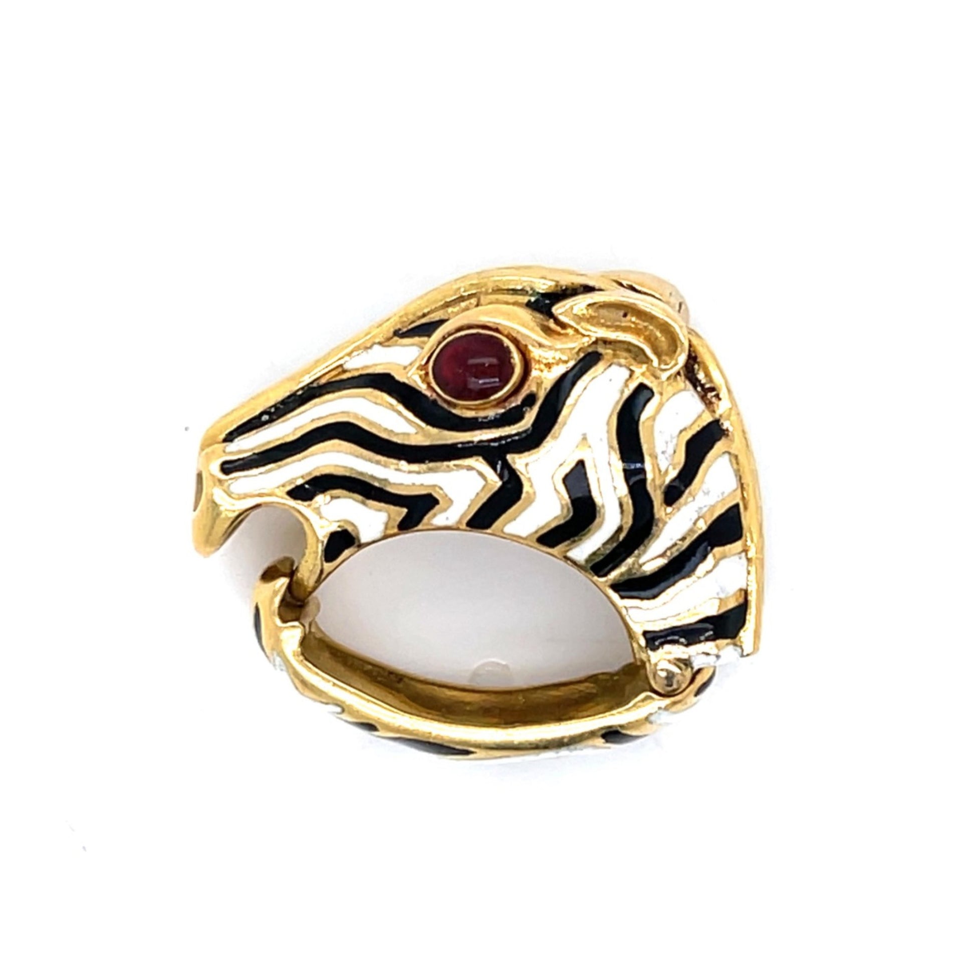 David Webb 1970s 18KT Yellow Gold Ruby & Enamel Zebra Scarf Clip side