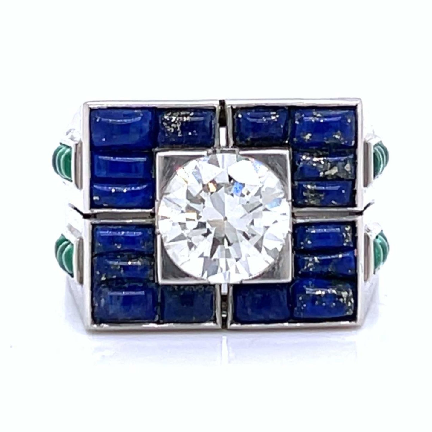 Art Deco Platinum Diamond, Emerald & Lapis Lazuli Ring front