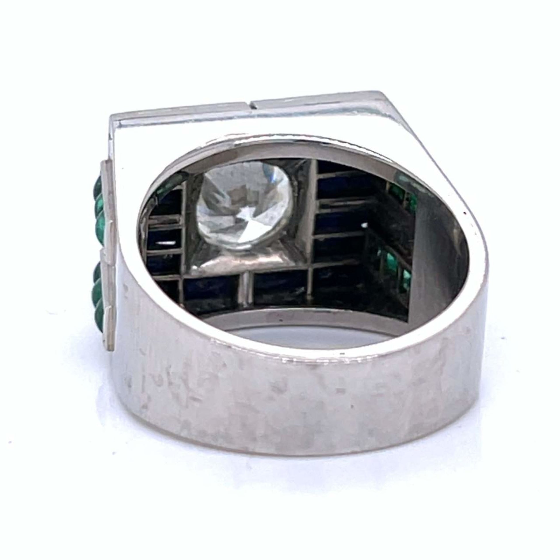 Art Deco Platinum Diamond, Emerald & Lapis Lazuli Ring back