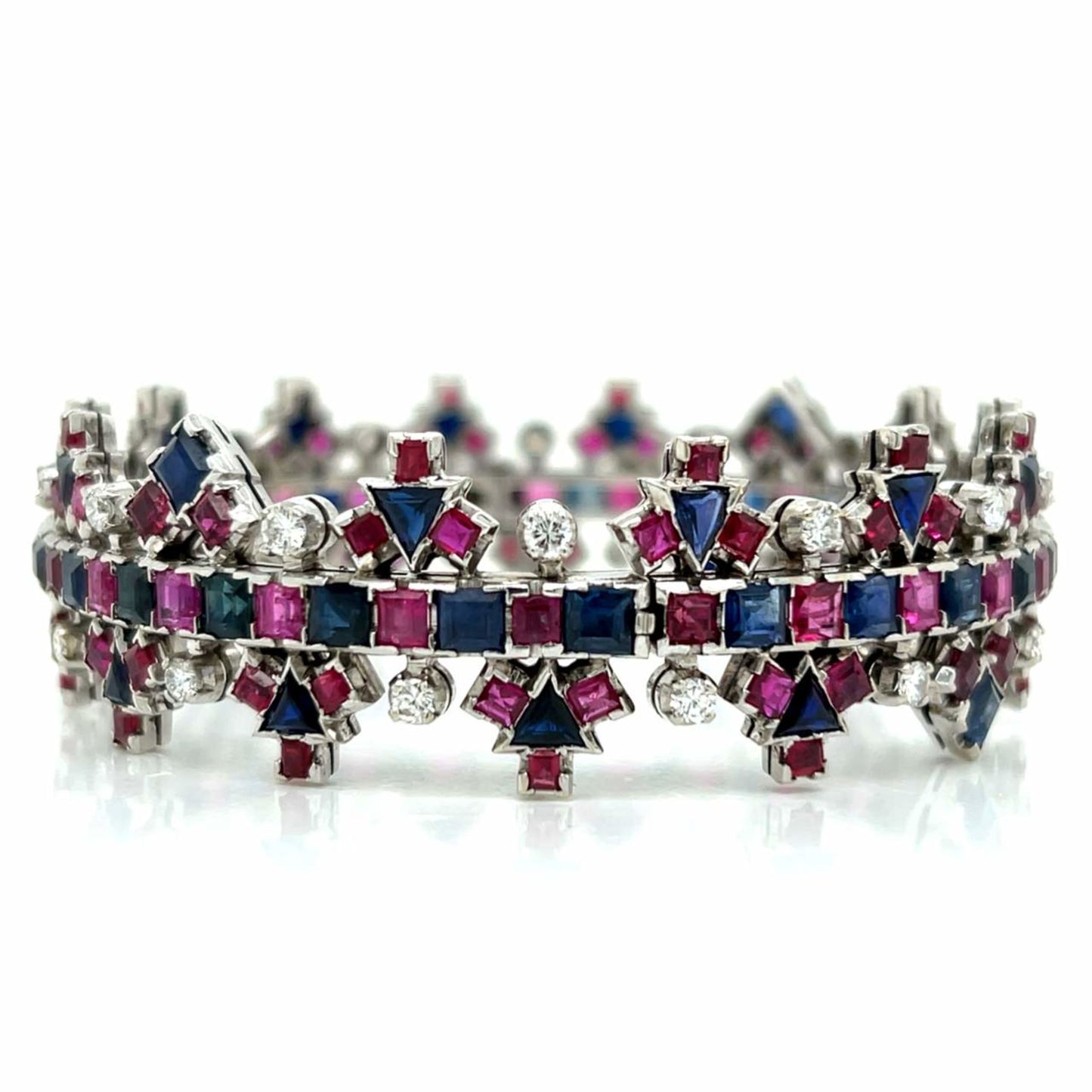 1960s 18KT White Gold Diamond, Ruby & Sapphire Bracelet front