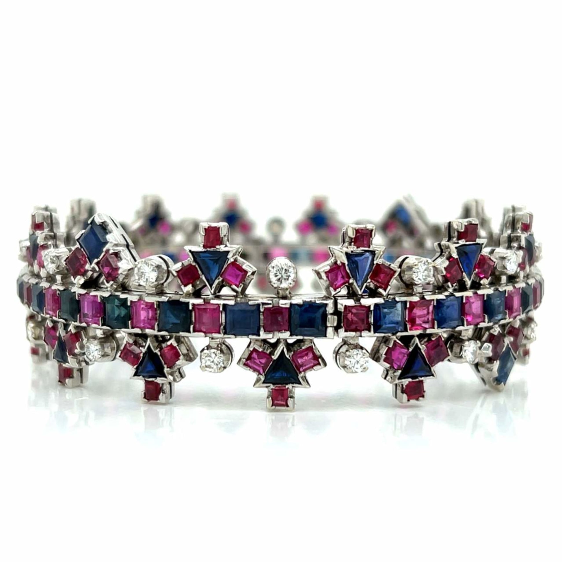 1960s 18KT White Gold Diamond, Ruby & Sapphire Bracelet front