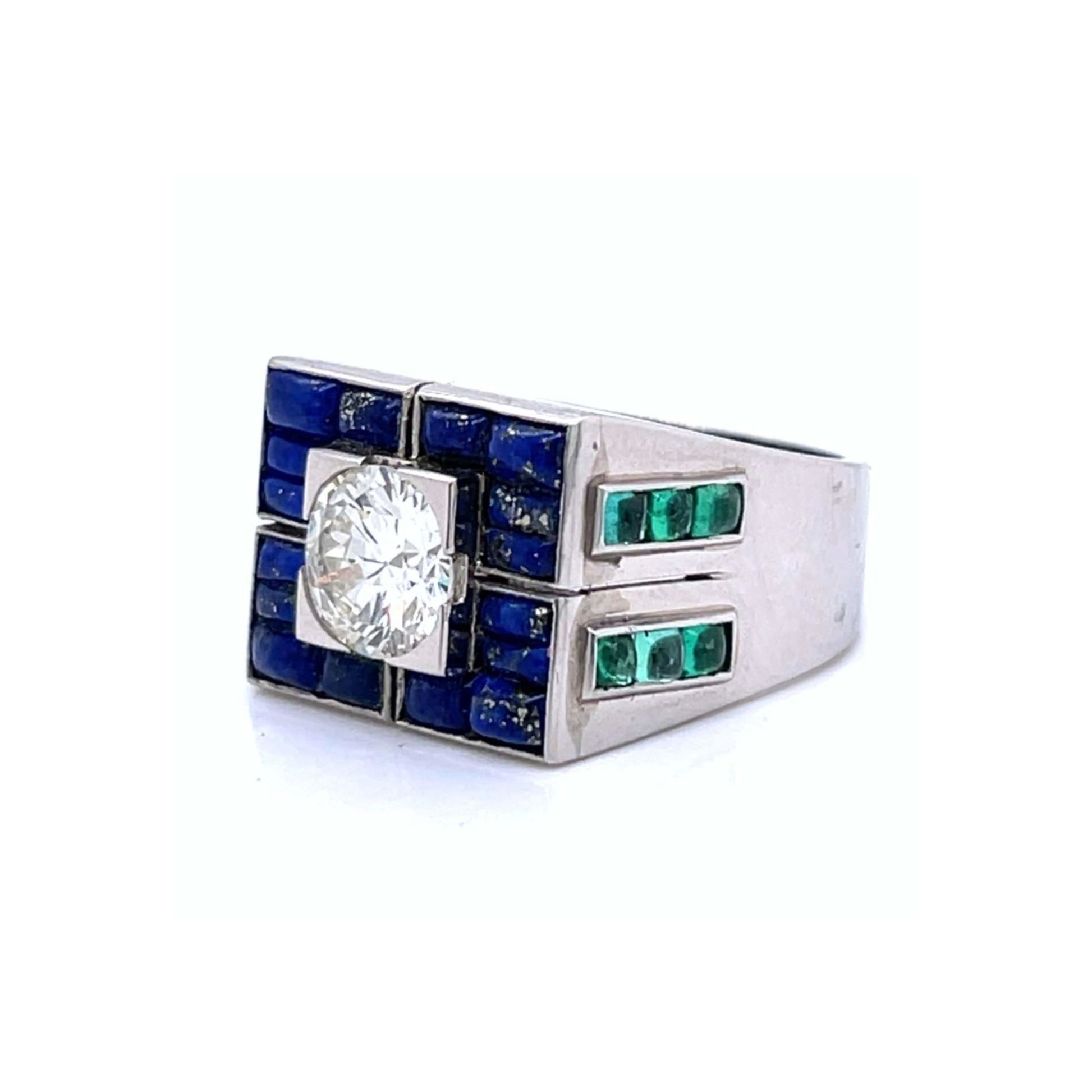 Art Deco Platinum Diamond, Emerald & Lapis Lazuli Ring side