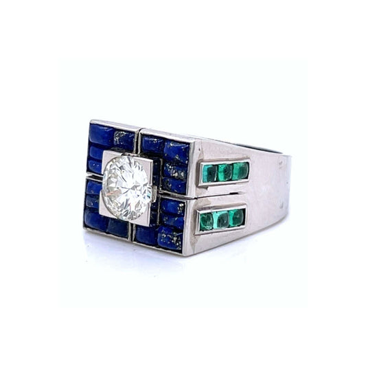 Art Deco Platinum Diamond, Emerald & Lapis Lazuli Ring side