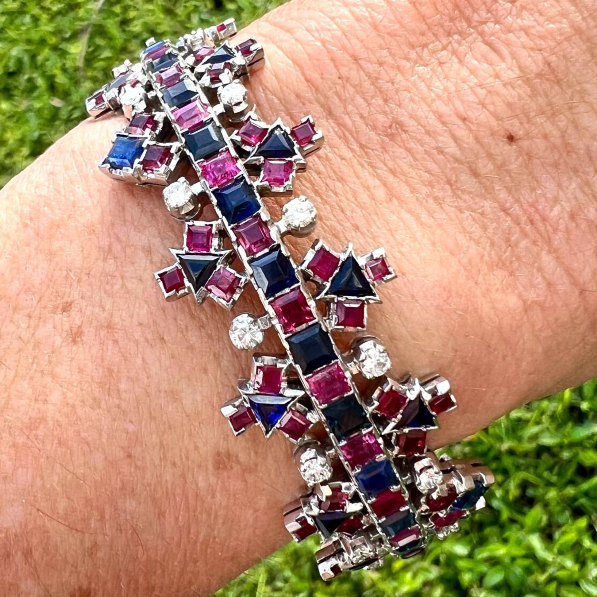 1960s 18KT White Gold Diamond, Ruby & Sapphire Bracelet on wrist