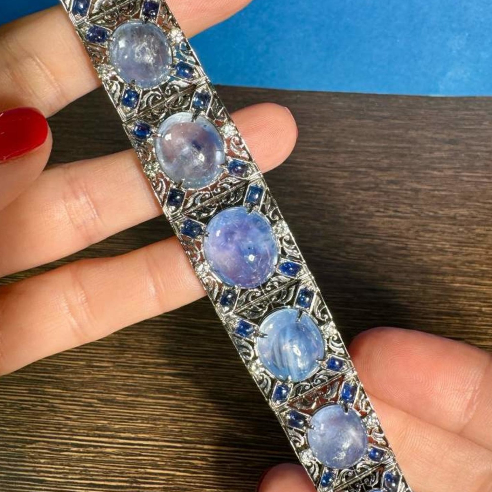 Art Deco Platinum Sapphire & Diamond Bracelet close-up