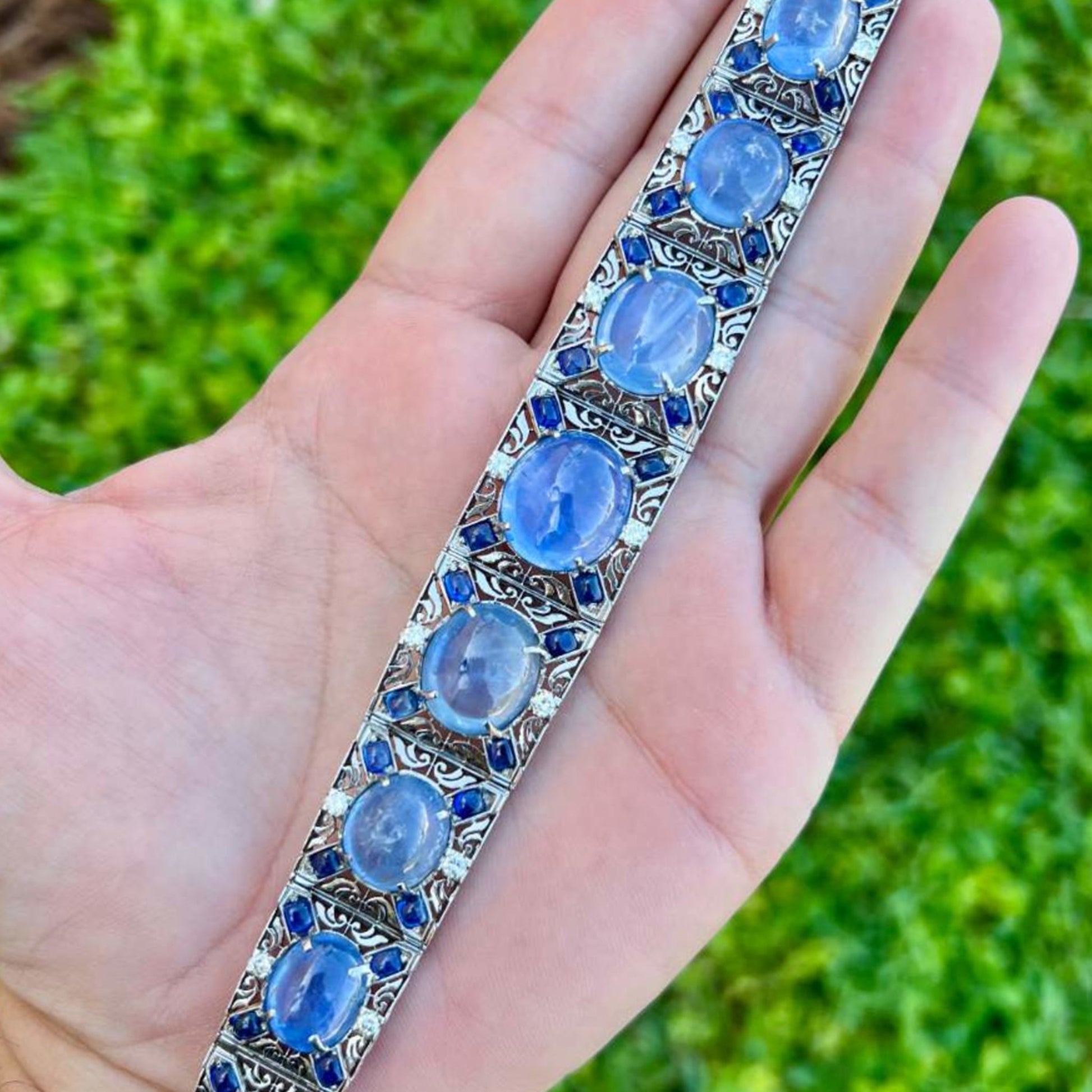Art Deco Platinum Sapphire & Diamond Bracelet close-up
