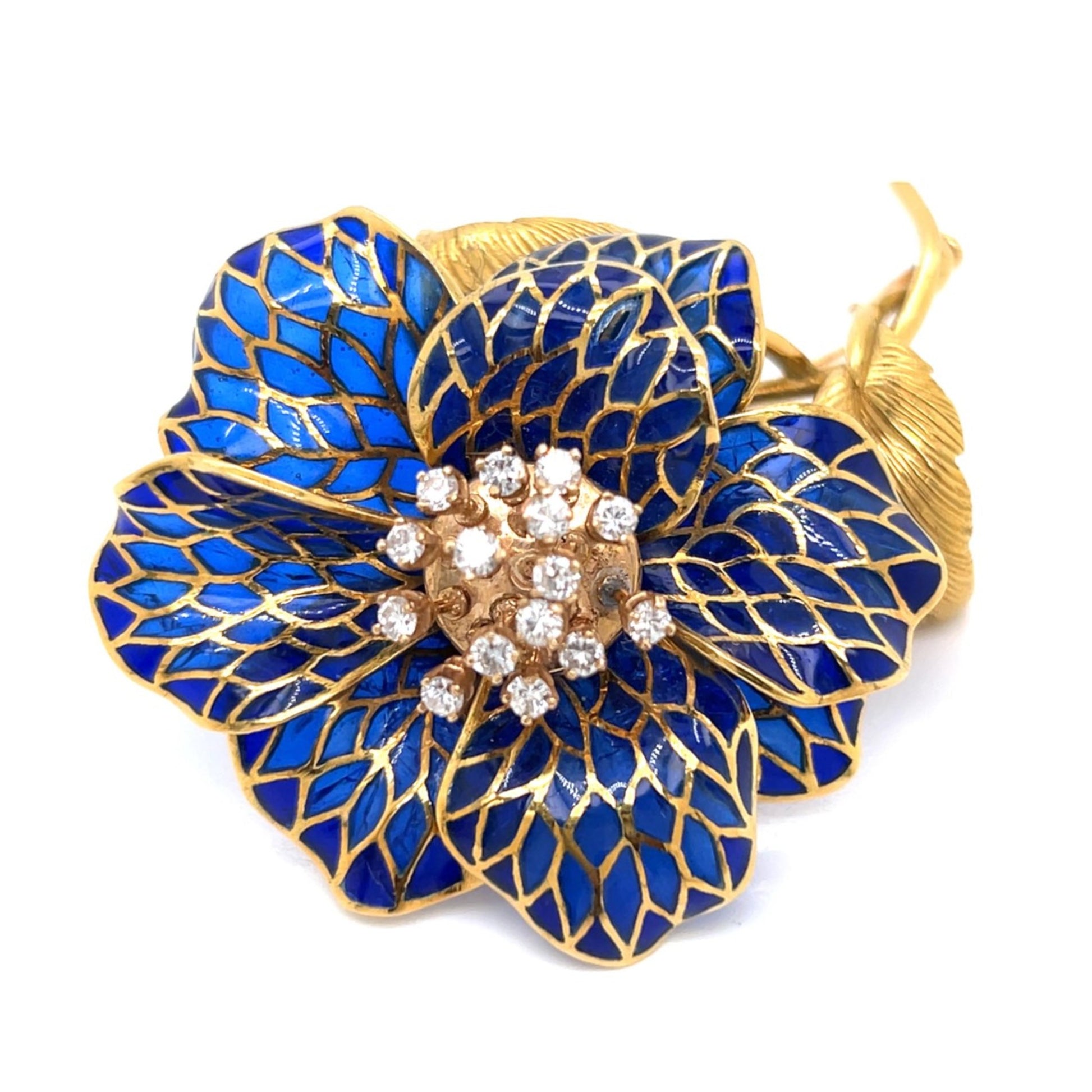 French 1970s 18KT Yellow Gold Diamond & Enamel Flower Brooch front