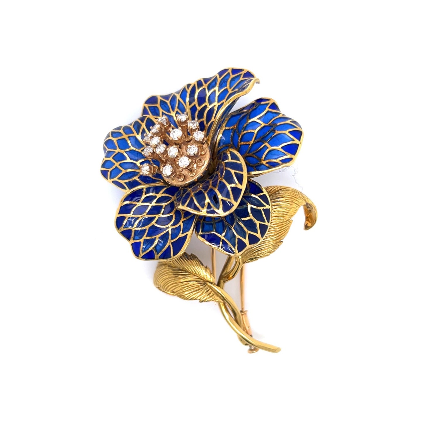 French 1970s 18KT Yellow Gold Diamond & Enamel Flower Brooch front