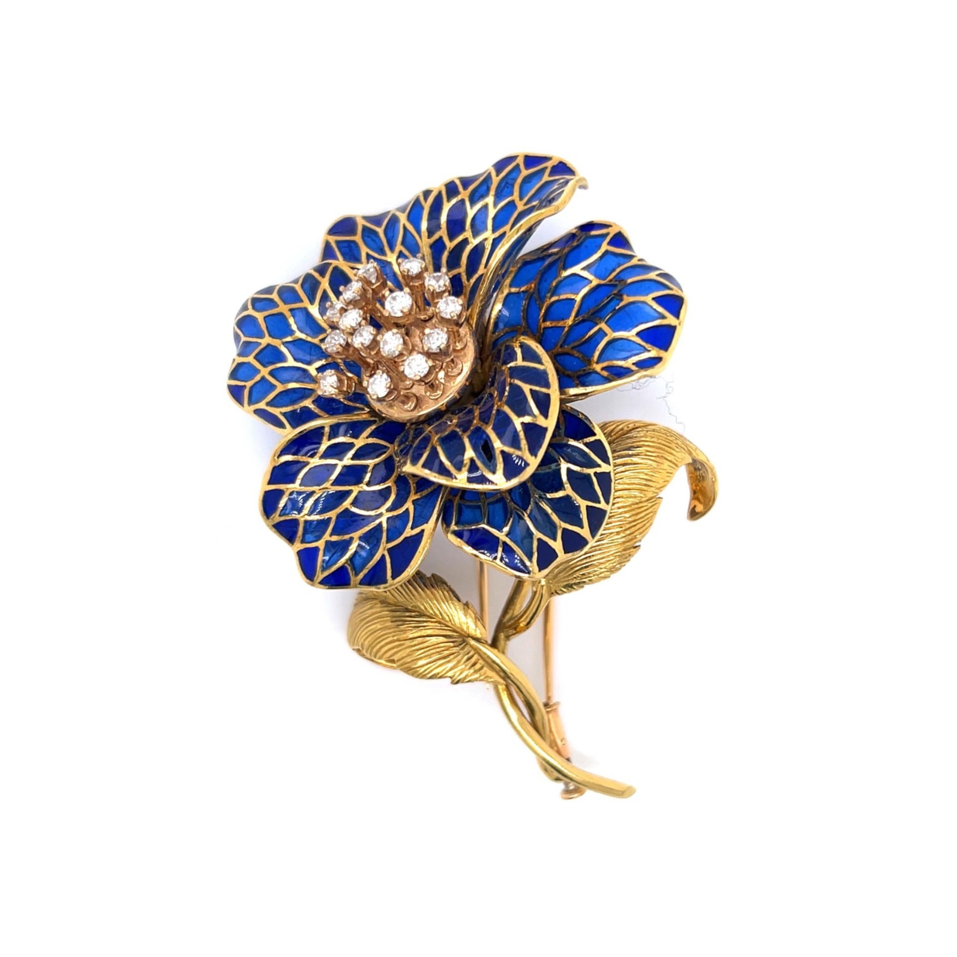 French 1970s 18KT Yellow Gold Diamond & Enamel Flower Brooch front