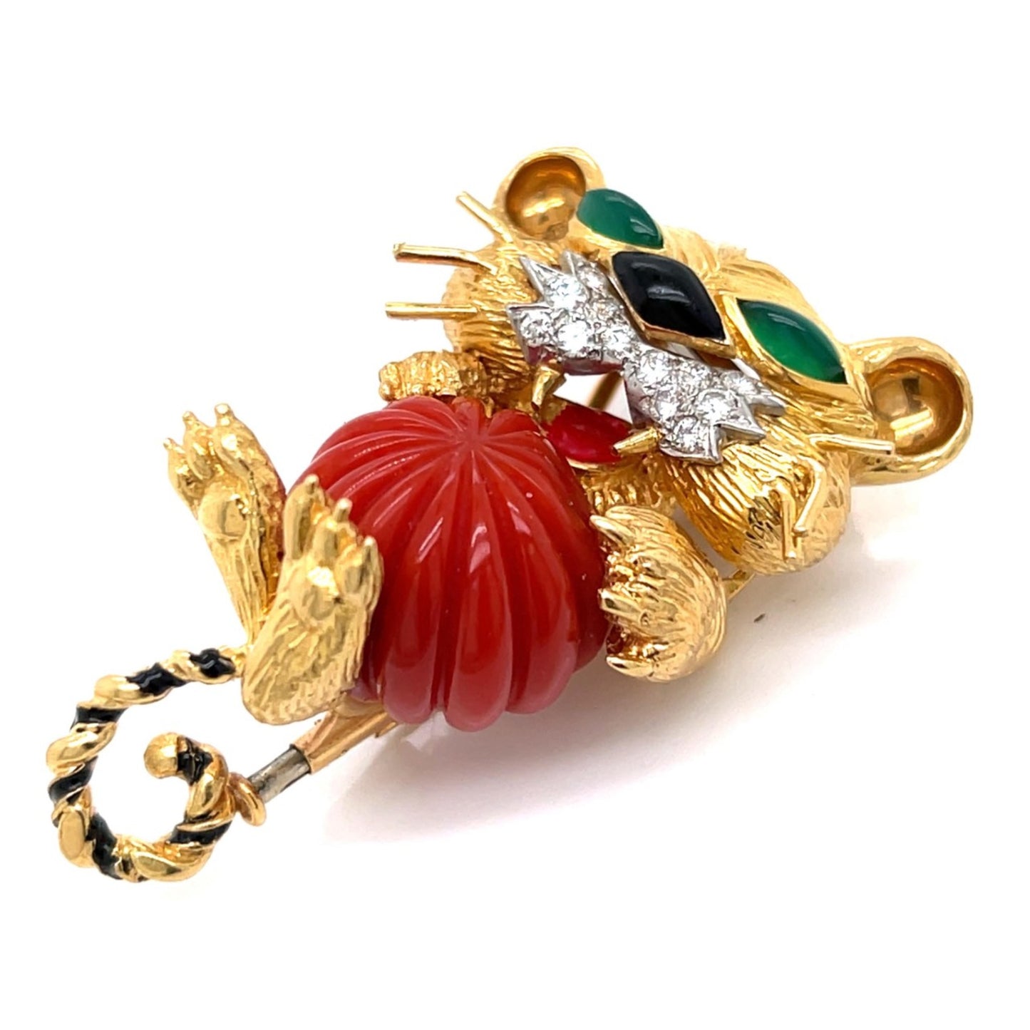 18KT Yellow Gold Coral, Diamond, Emerald & Enamel Cat Brooch side