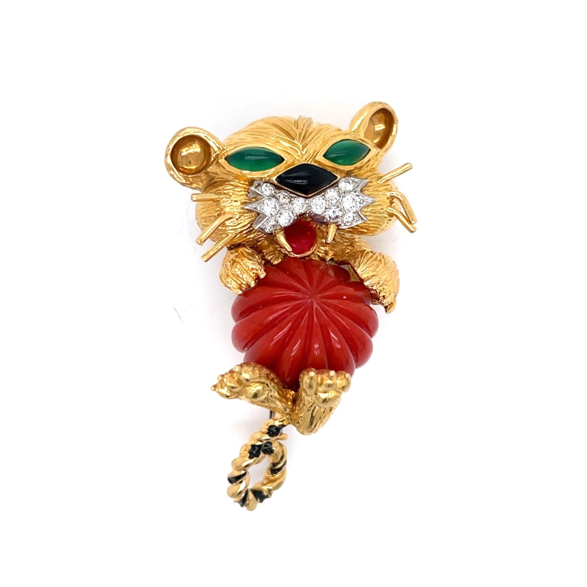 18KT Yellow Gold Coral, Diamond, Emerald & Enamel Cat Brooch front
