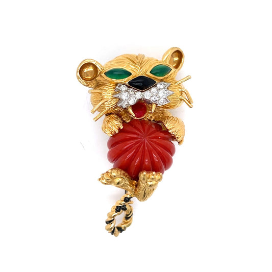 18KT Yellow Gold Coral, Diamond, Emerald & Enamel Cat Brooch front
