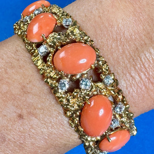 1960s 18KT Yellow Gold Coral & Diamond Bracelet on wrist