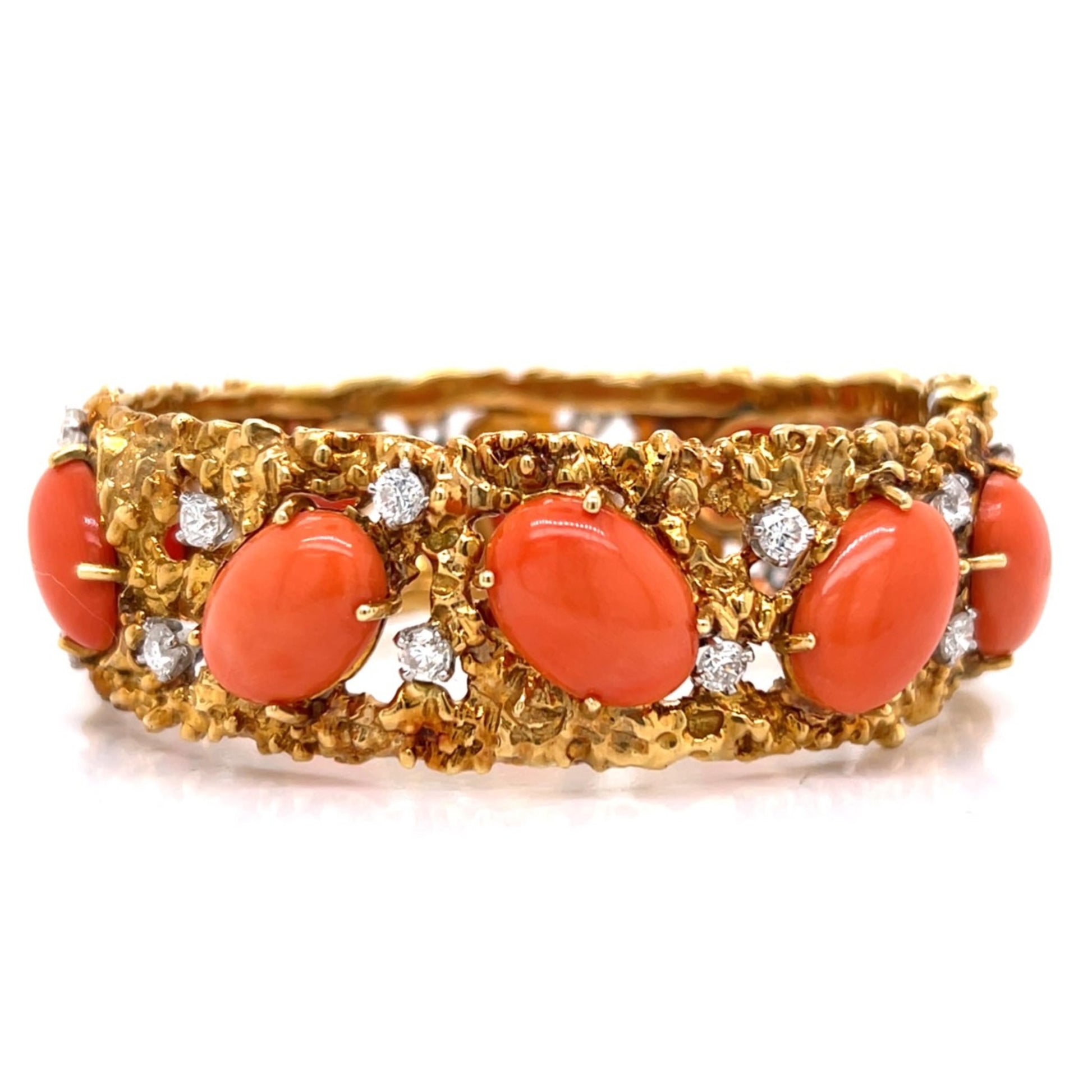 1960s 18KT Yellow Gold Coral & Diamond Bracelet front