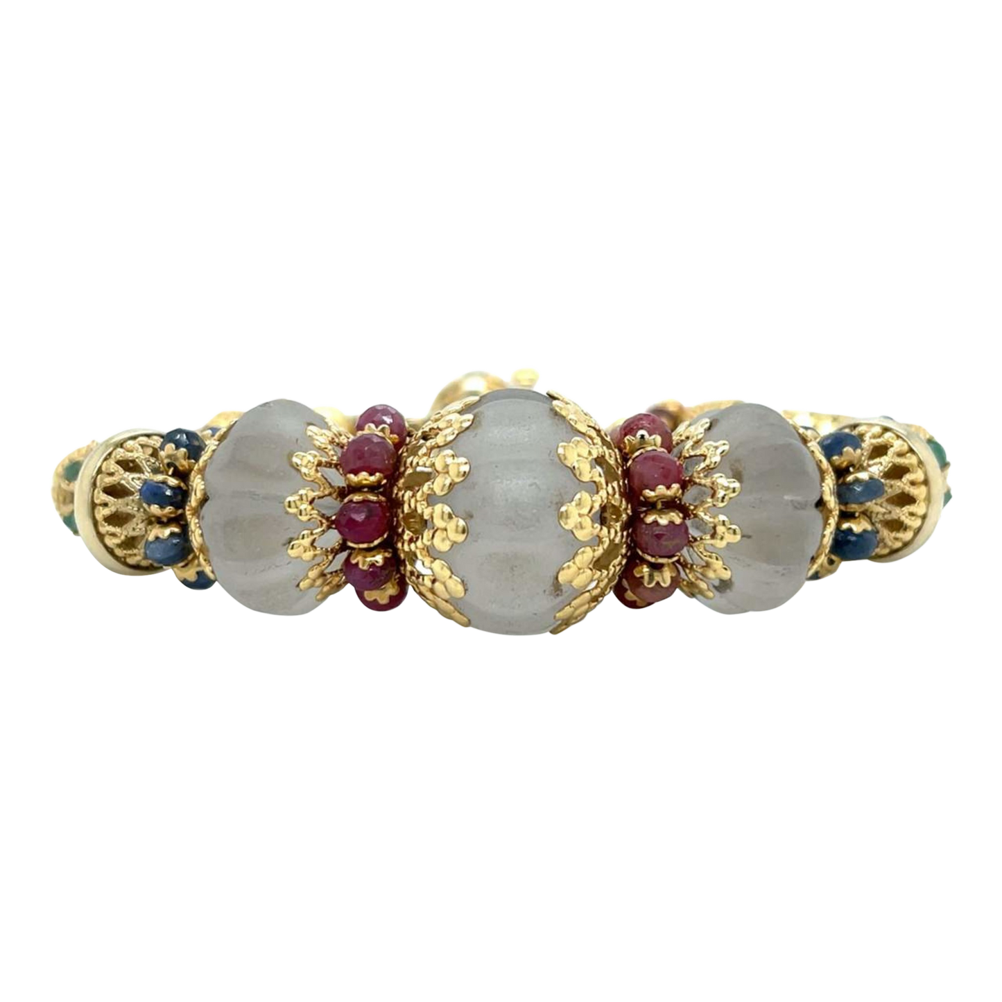 1980s 18KT Yellow Gold Ruby, Emerald & Sapphire Bracelet front