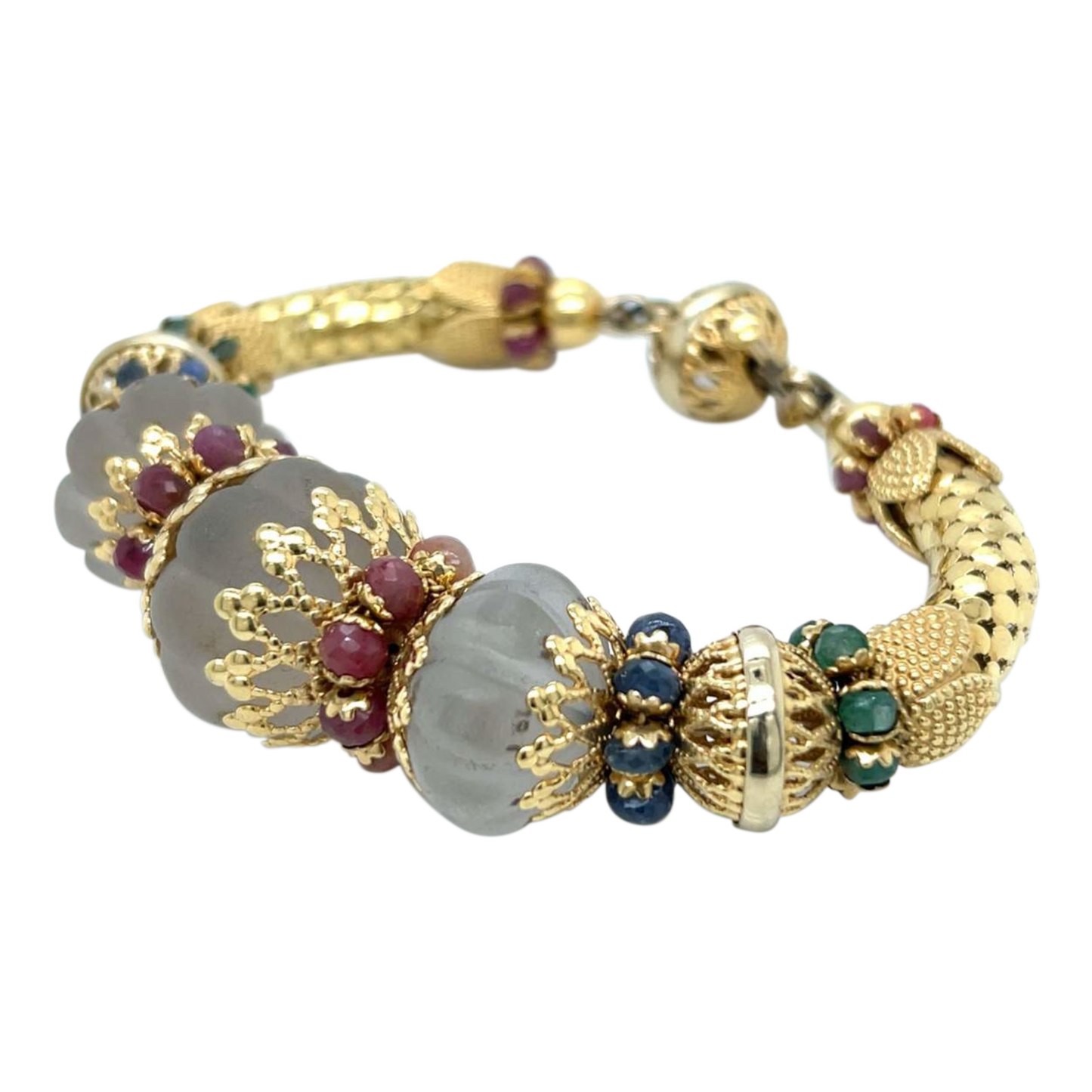 1980s 18KT Yellow Gold Ruby, Emerald & Sapphire Bracelet side