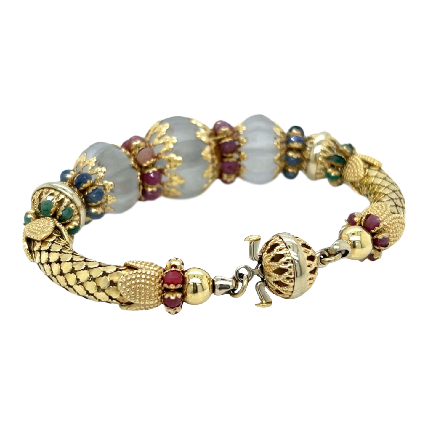 1980s 18KT Yellow Gold Ruby, Emerald & Sapphire Bracelet back
