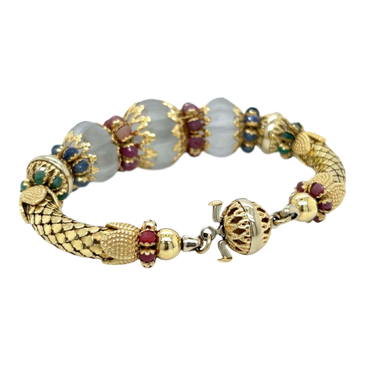 1980s 18KT Yellow Gold Ruby, Emerald & Sapphire Bracelet back