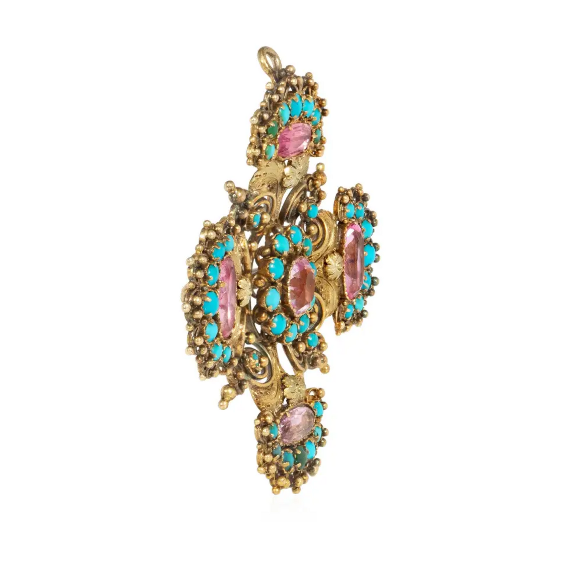 Georgian 15KT Yellow Gold Topaz & Turquoise Pendant / Brooch side