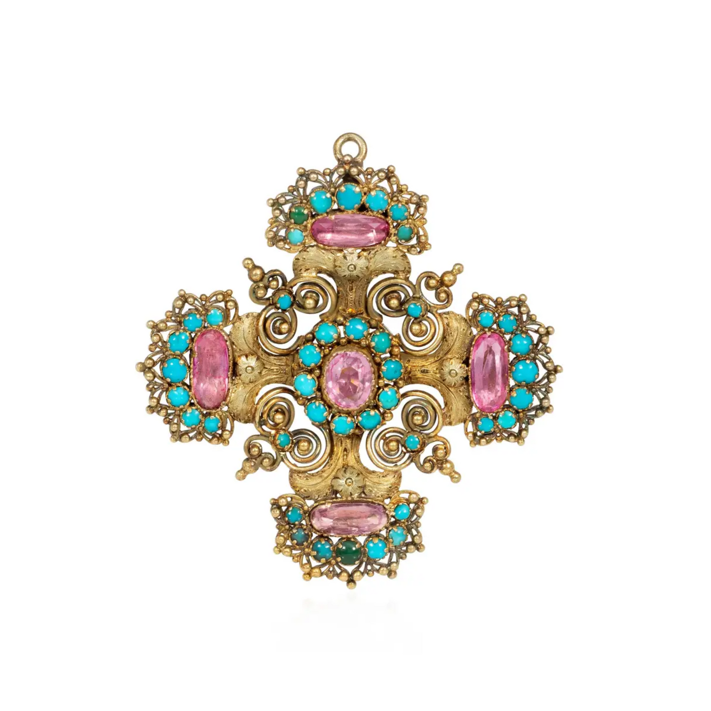 Georgian 15KT Yellow Gold Topaz & Turquoise Pendant / Brooch front