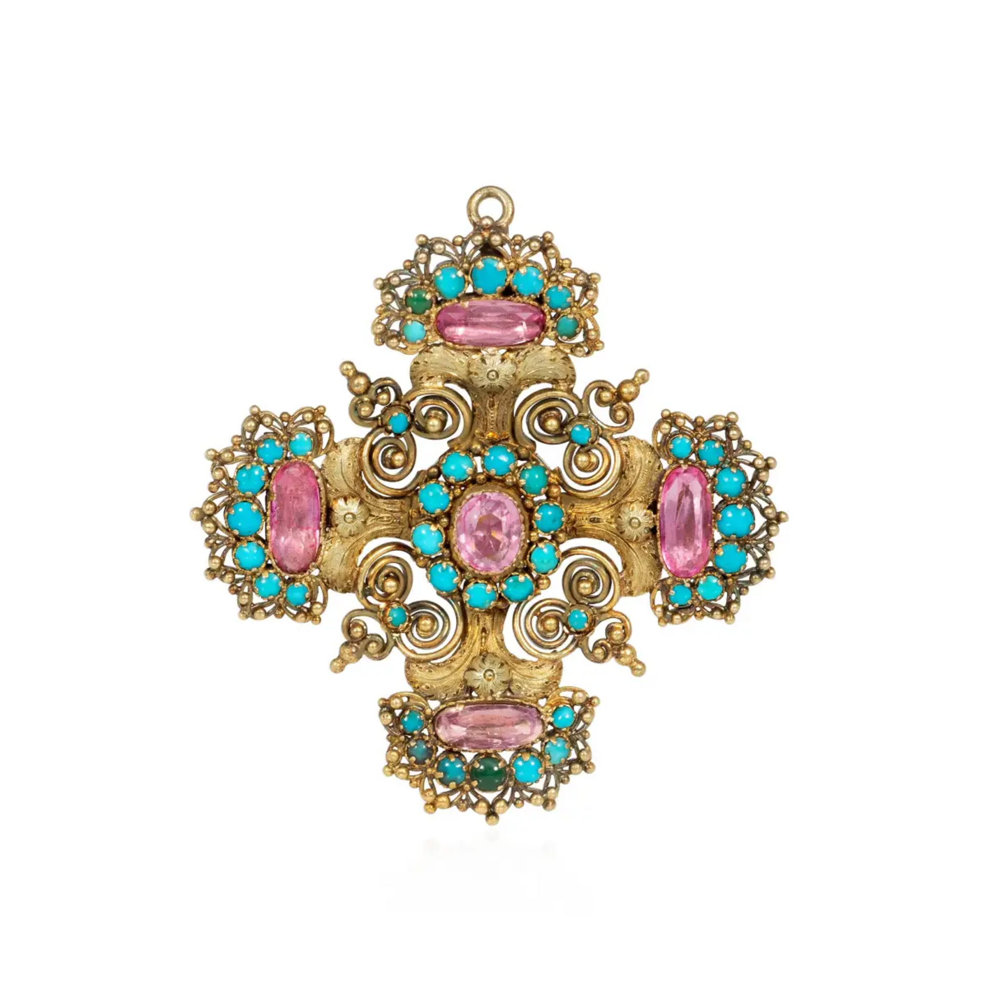 Georgian 15KT Yellow Gold Topaz & Turquoise Pendant / Brooch front