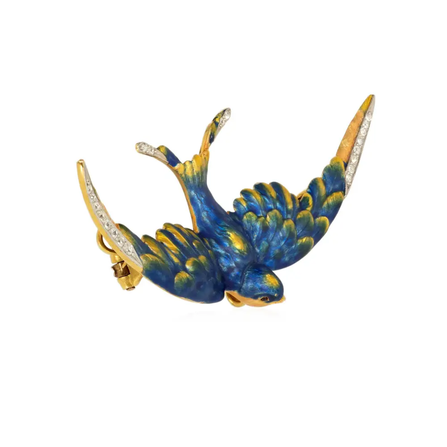 Art Nouveau 14KT Yellow Gold Diamond & Enamel Bird Brooch front