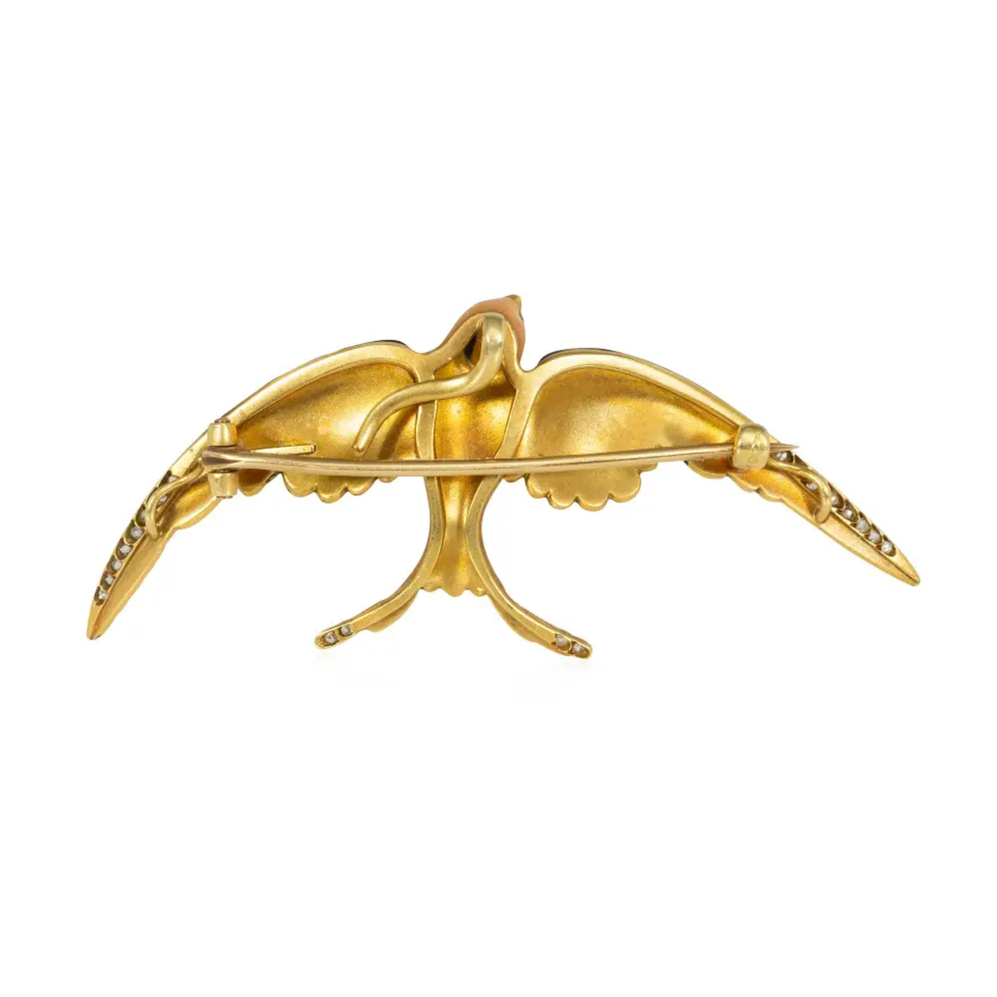 Art Nouveau 14KT Yellow Gold Diamond & Enamel Bird Brooch back