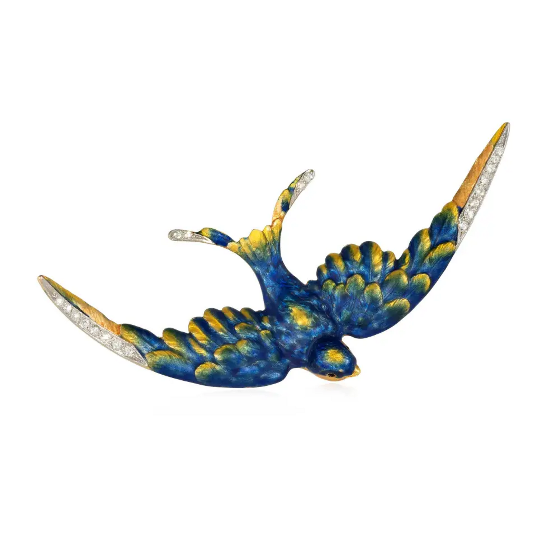 Art Nouveau 14KT Yellow Gold Diamond & Enamel Bird Brooch front