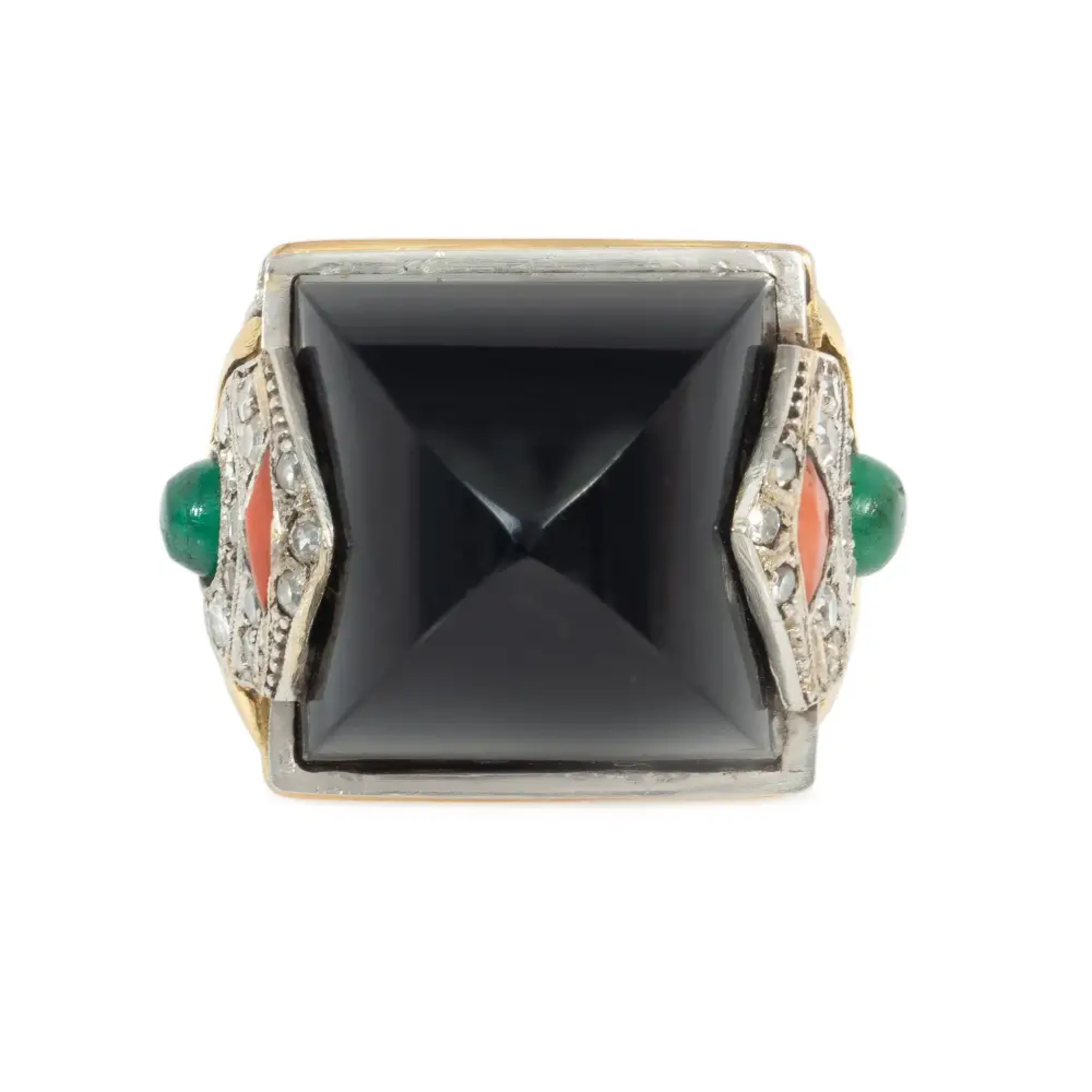 Marchak Paris Art Deco Platinum & 18KT Yellow Gold Onyx, Coral & Emerald Ring front