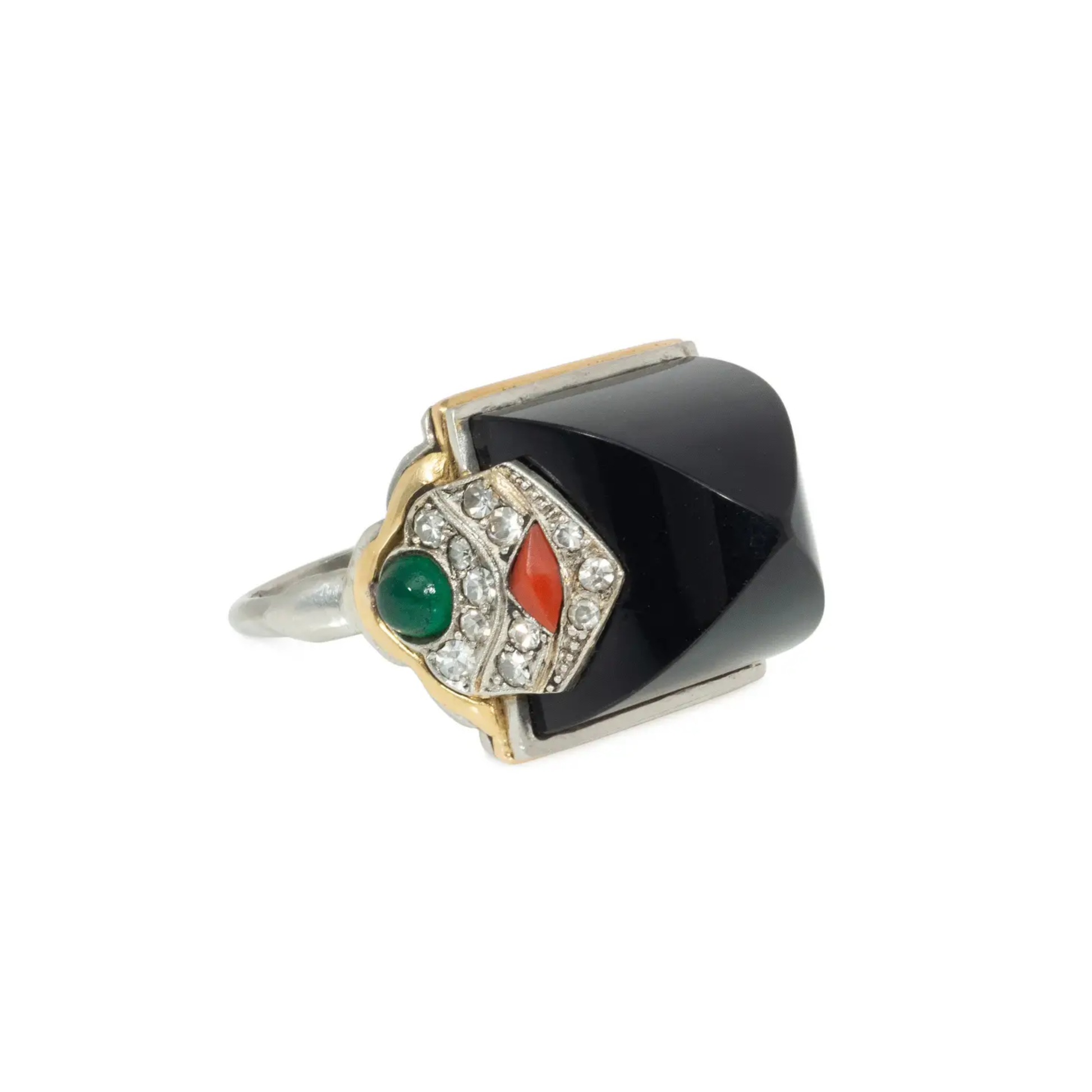 Marchak Paris Art Deco Platinum & 18KT Yellow Gold Onyx, Coral & Emerald Ring side