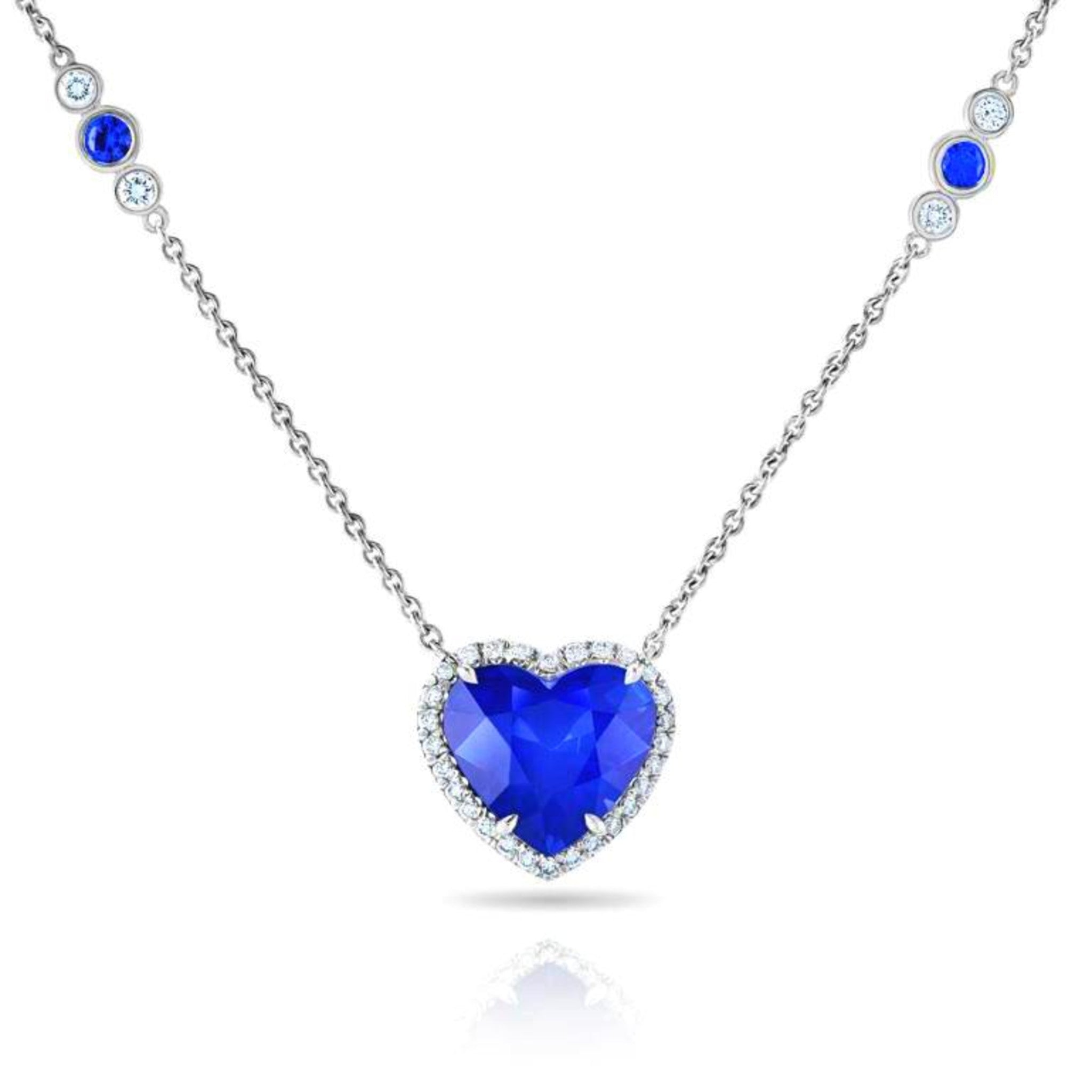 Contemporary Platinum Sapphire & Diamond Heart Necklace front