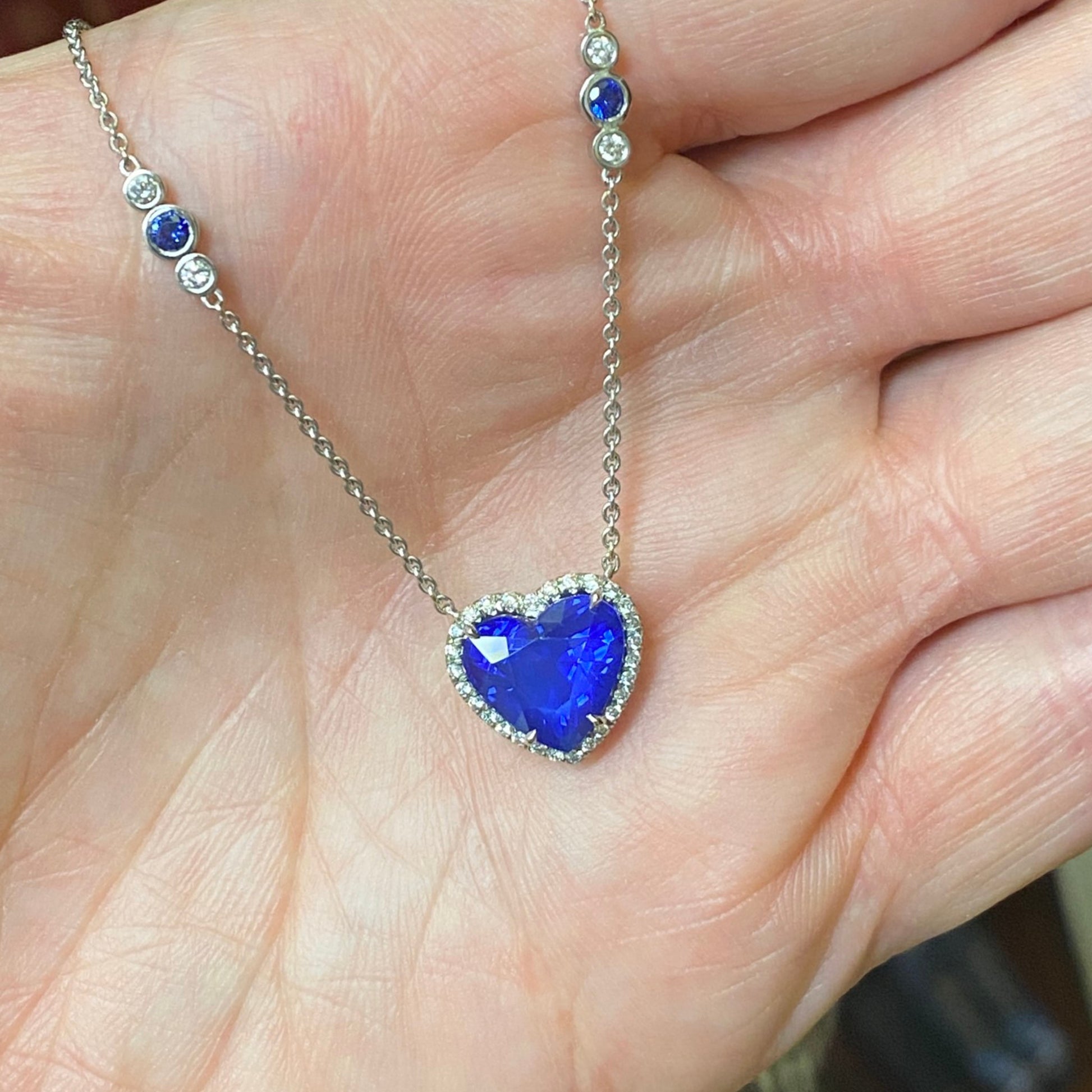Contemporary Platinum Sapphire & Diamond Heart Necklace front