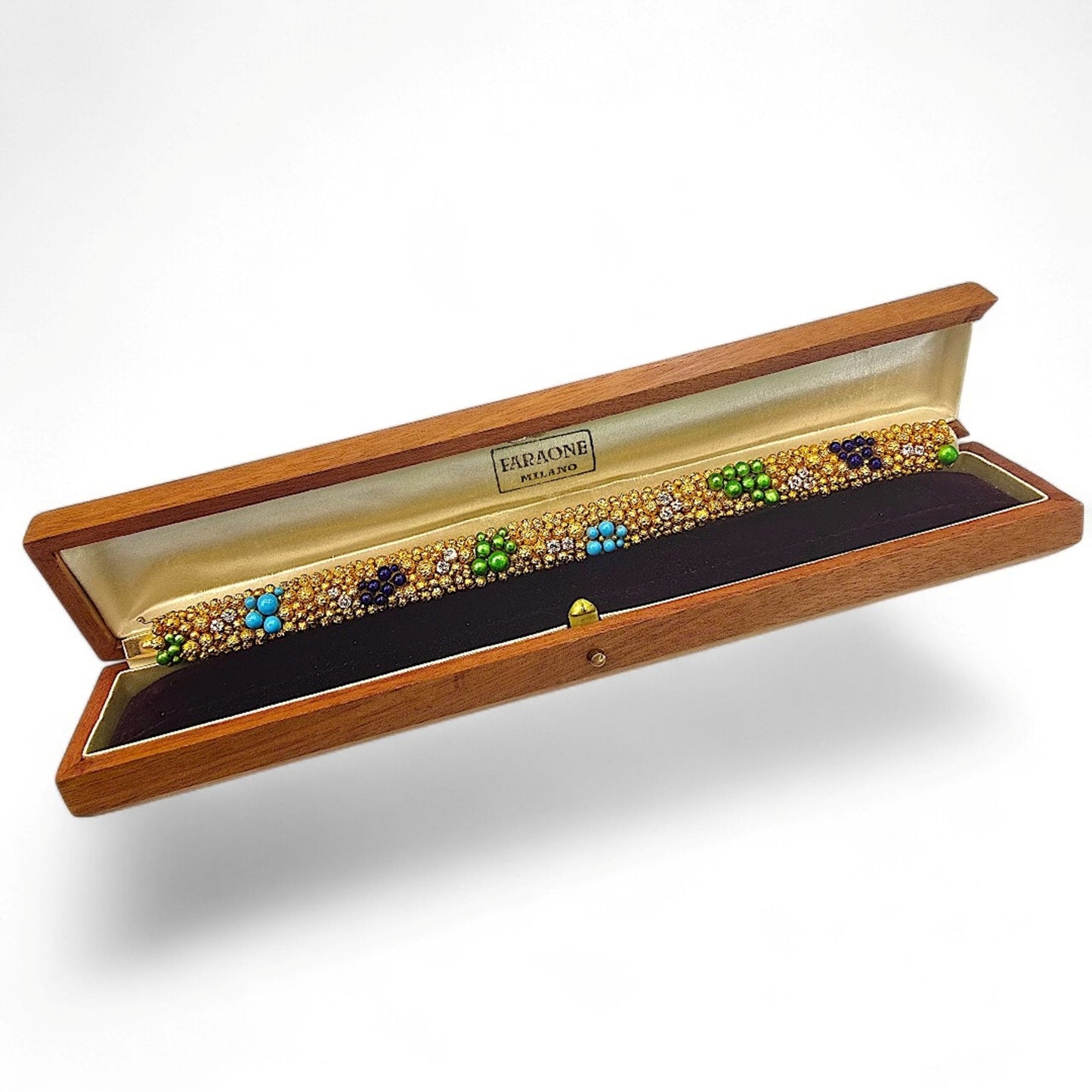 Faraone Italian 1970s 18KT Yellow Gold Diamond & Enamel Bracelet in box