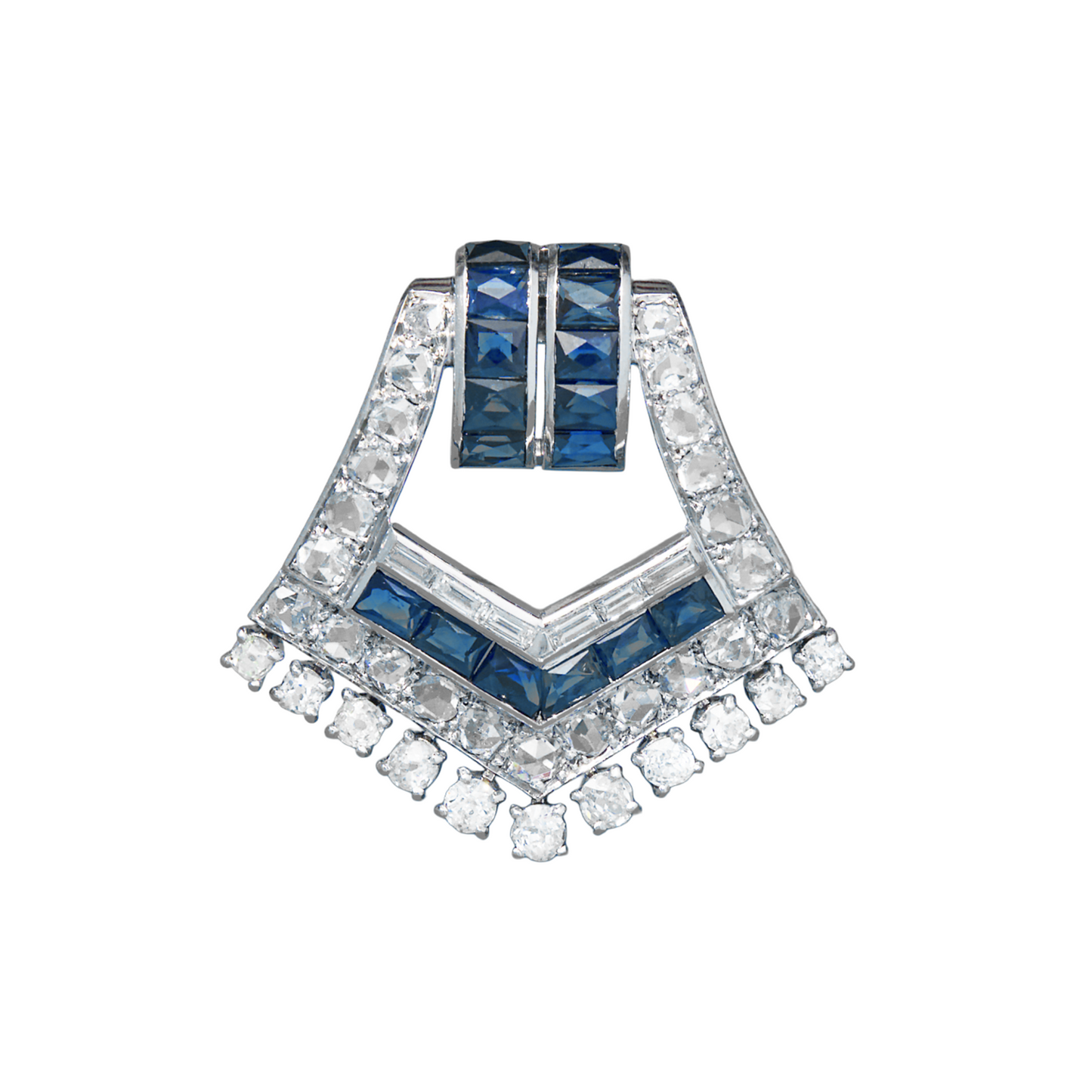 French Art Deco Platinum Sapphire & Diamond Brooch front