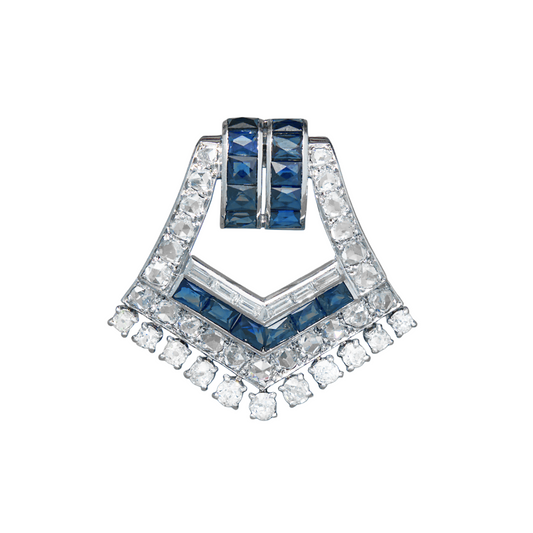 French Art Deco Platinum Sapphire & Diamond Brooch front