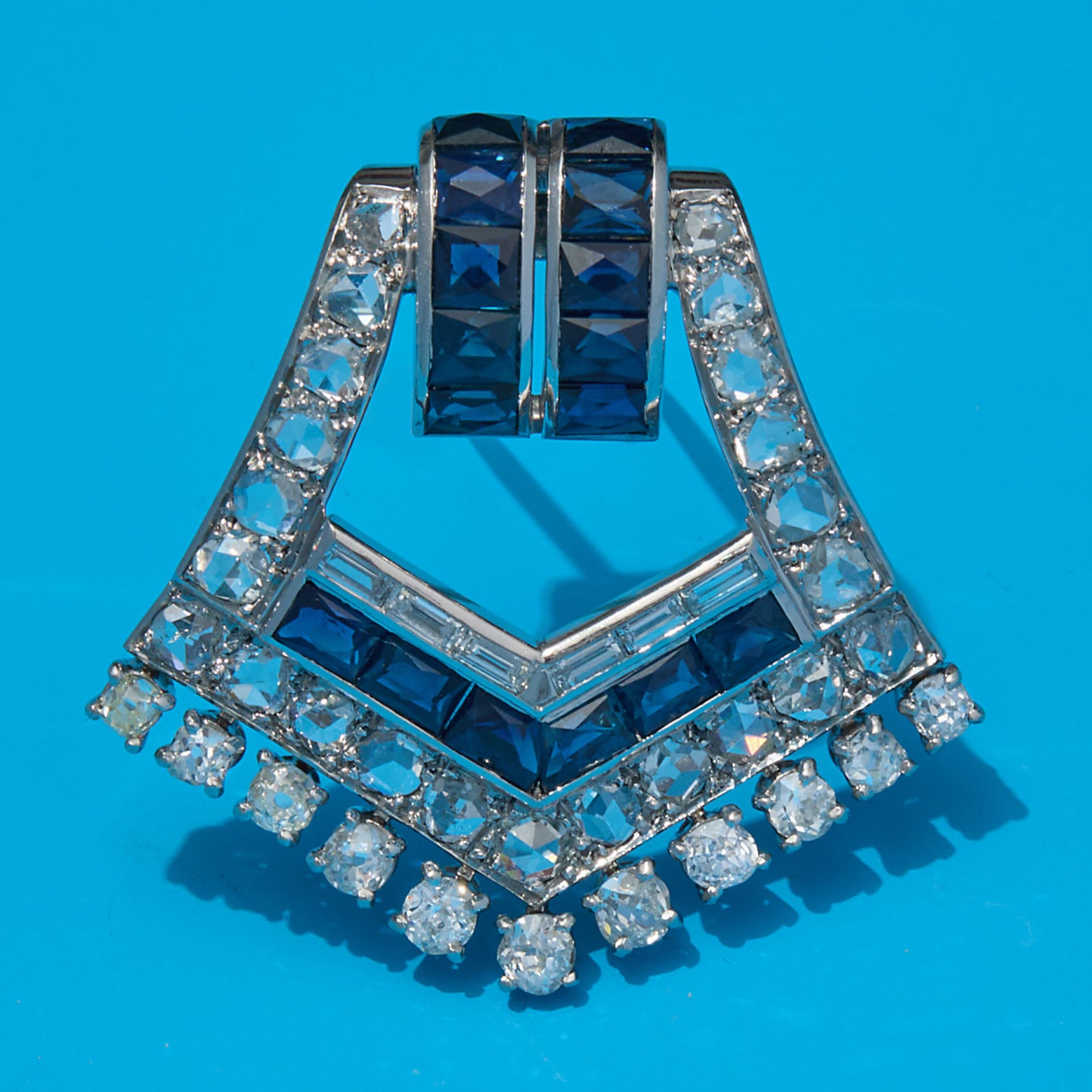 French Art Deco Platinum Sapphire & Diamond Brooch front