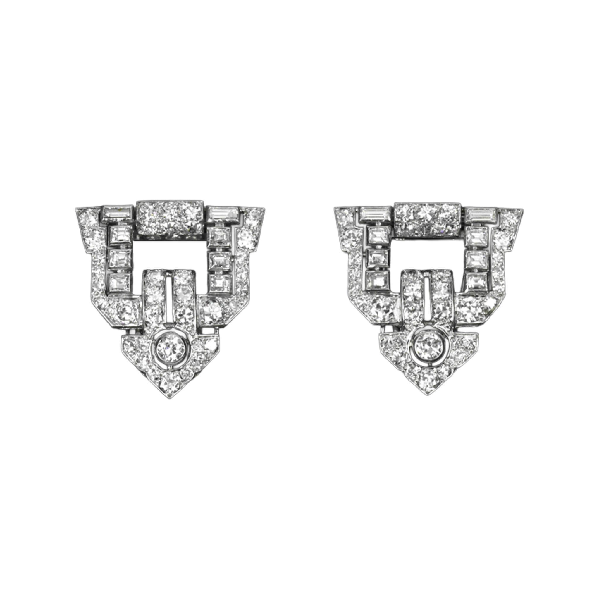 Ghiso French Art Deco Platinum Diamond Clips