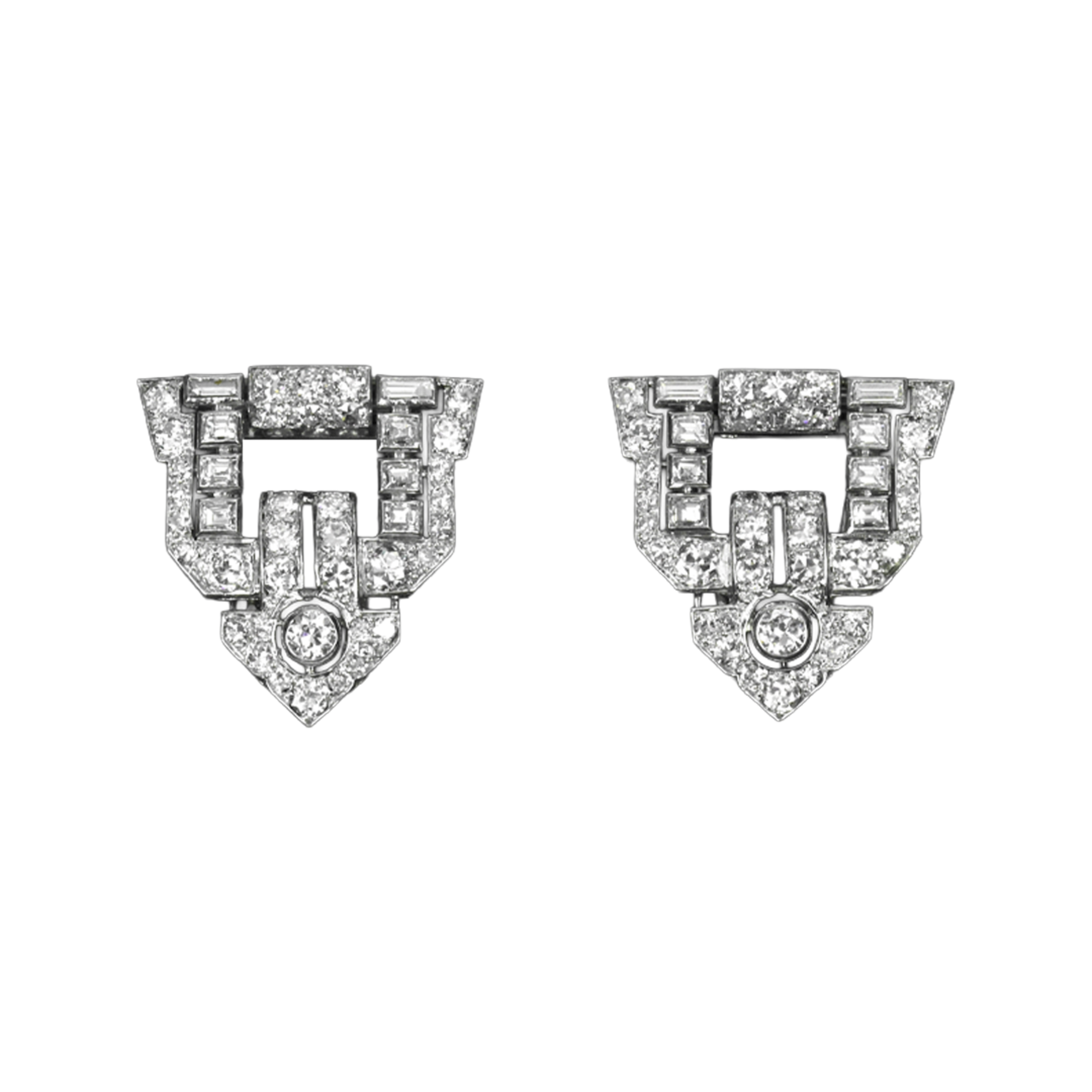 Ghiso French Art Deco Platinum Diamond Clips front