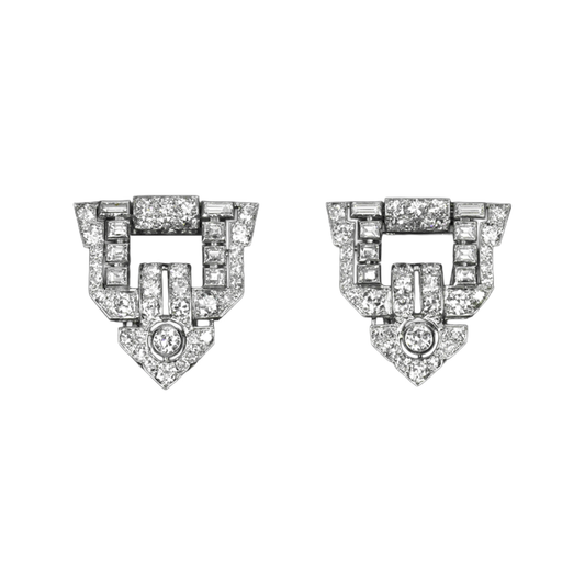Ghiso French Art Deco Platinum Diamond Clips front