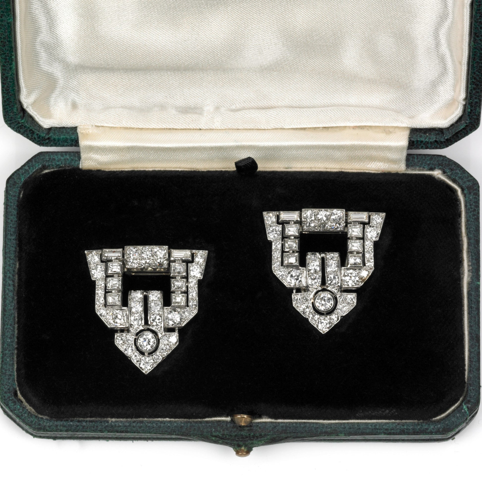 Ghiso French Art Deco Platinum Diamond Clips in box