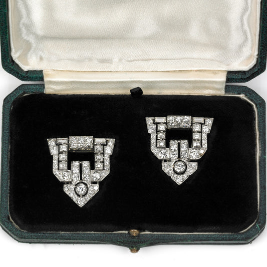 Ghiso French Art Deco Platinum Diamond Clips in box