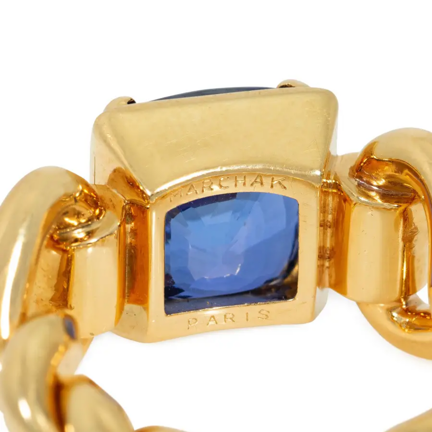 Marchak Paris 1950s 18KT Yellow Gold Sapphire Ring signature