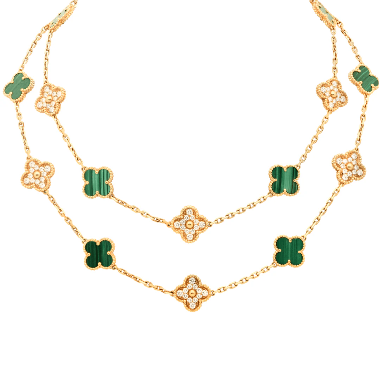 Van Cleef & Arpels Post-1980s 18KT Yellow Gold Malachite & Diamond Alhambra Necklace front