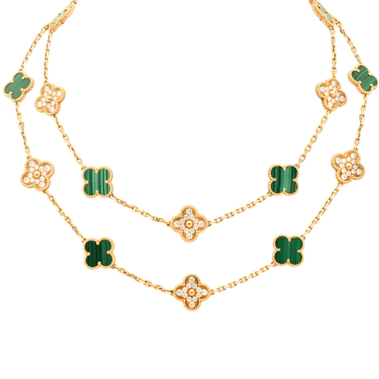 Van Cleef & Arpels Post-1980s 18KT Yellow Gold Malachite & Diamond Alhambra Necklace front