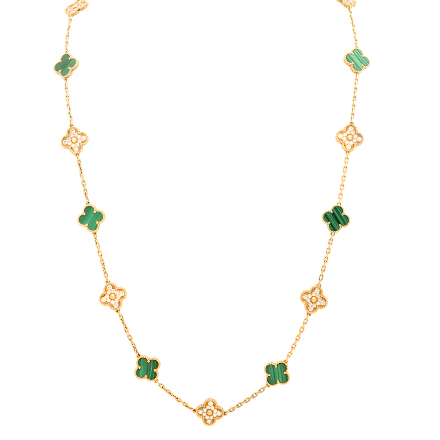 Van Cleef & Arpels Post-1980s 18KT Yellow Gold Malachite & Diamond Alhambra Necklace front