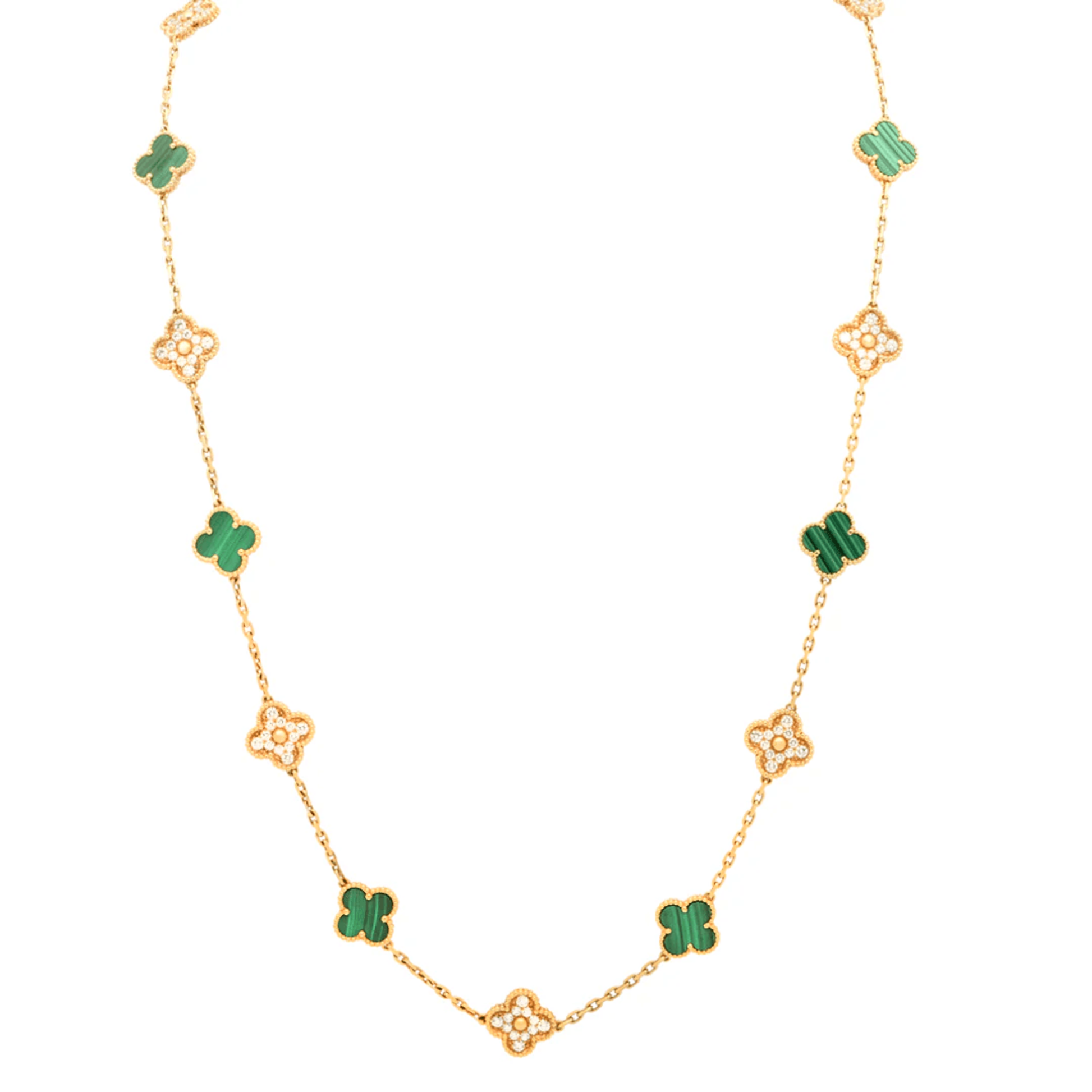 Van Cleef & Arpels Post-1980s 18KT Yellow Gold Malachite & Diamond Alhambra Necklace front