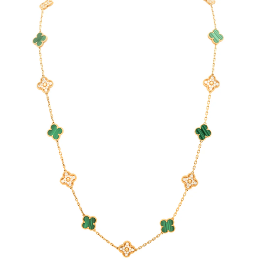 Van Cleef & Arpels Post-1980s 18KT Yellow Gold Malachite & Diamond Alhambra Necklace front